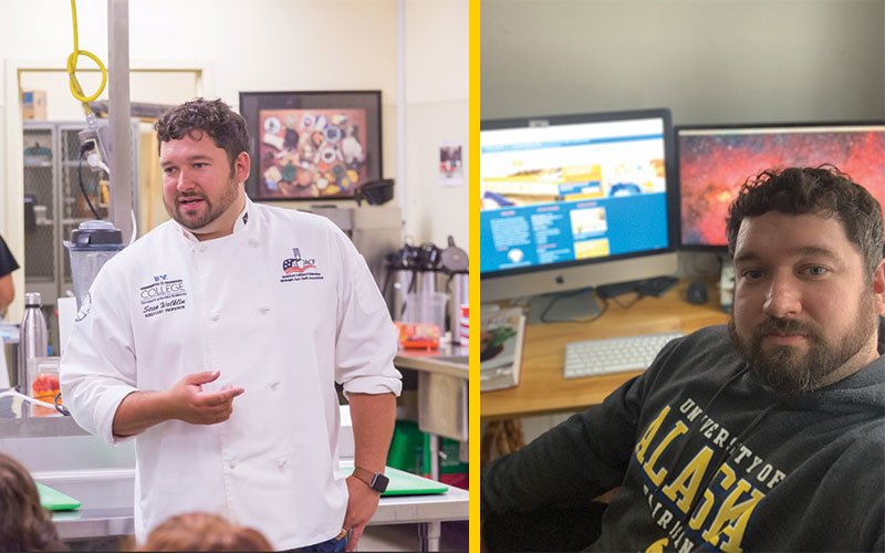 Sean Walklin in his chef coat in the CTC kitchen with students on the left. Sean in a UAF sweatshirt in front of his computer at home on the right.