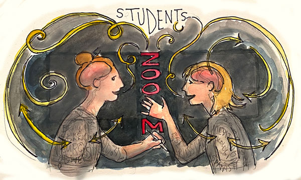 Drawing of two women talking over Zoom.