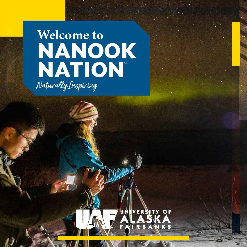 Cover of recruitment booklet. Show a man and a woman photographing the aurora.