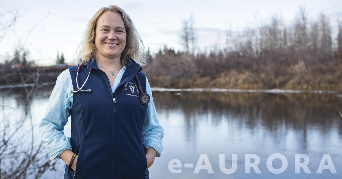 Woman wearing stethoscope standing on a riverbank. e-Aurora is superimposed on the photo