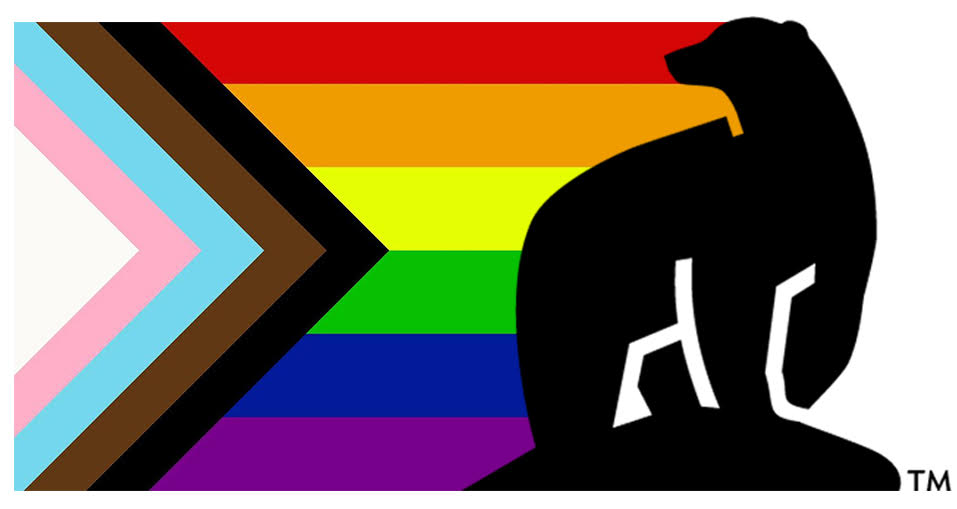 Nanook graphic bear in front of a pride flag