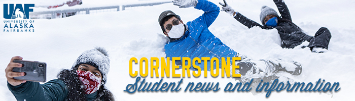 Students enjoying the first snowfall on the Fairbanks campus.