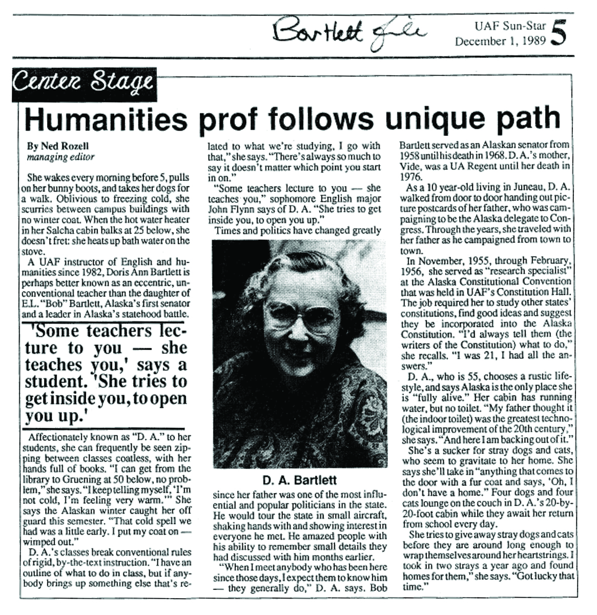 An article from the UAF Sun Star about Bartlett's daughter, Doris Ann Bartlett, who taught in the English Department titled "Humanities prof follows unique path"