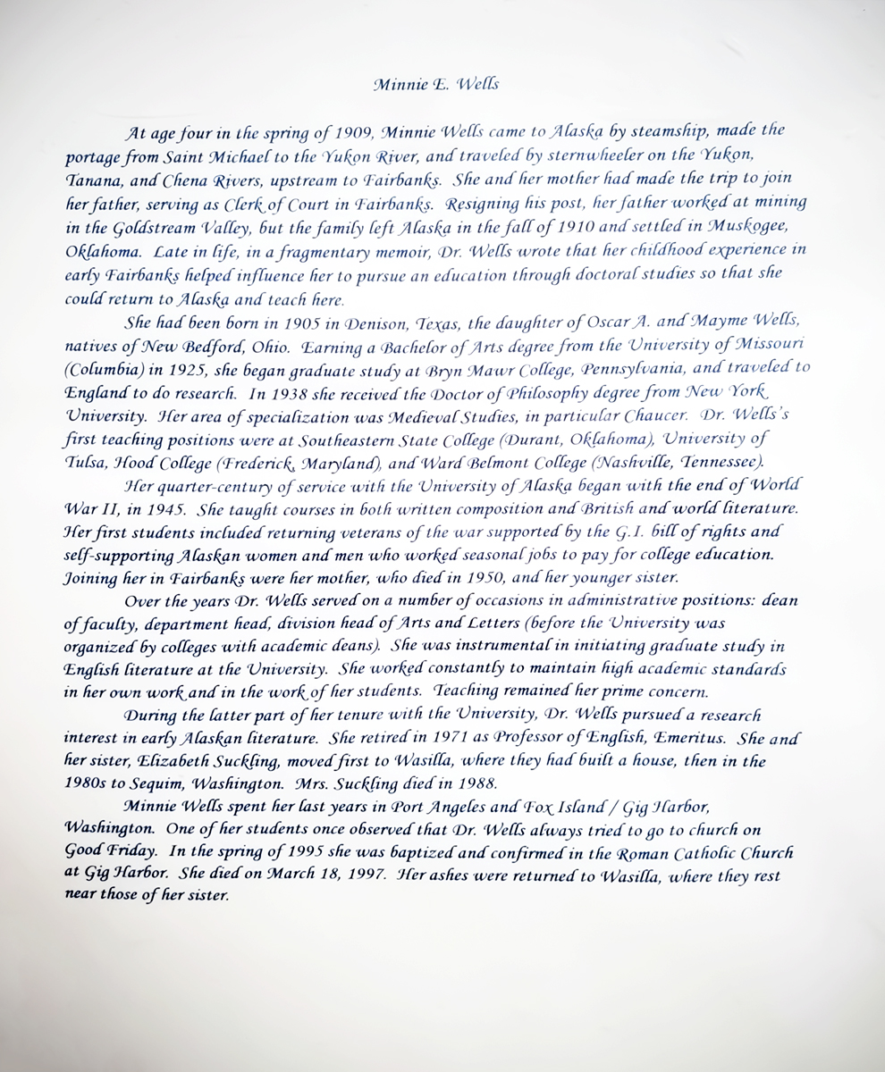 A one-page document found in the UAF Department of English highlighting the life of Minnie E. Wells in script. UAF Department of English found document