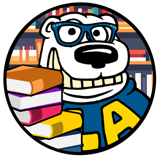 Jamie Bear with glasses and books.