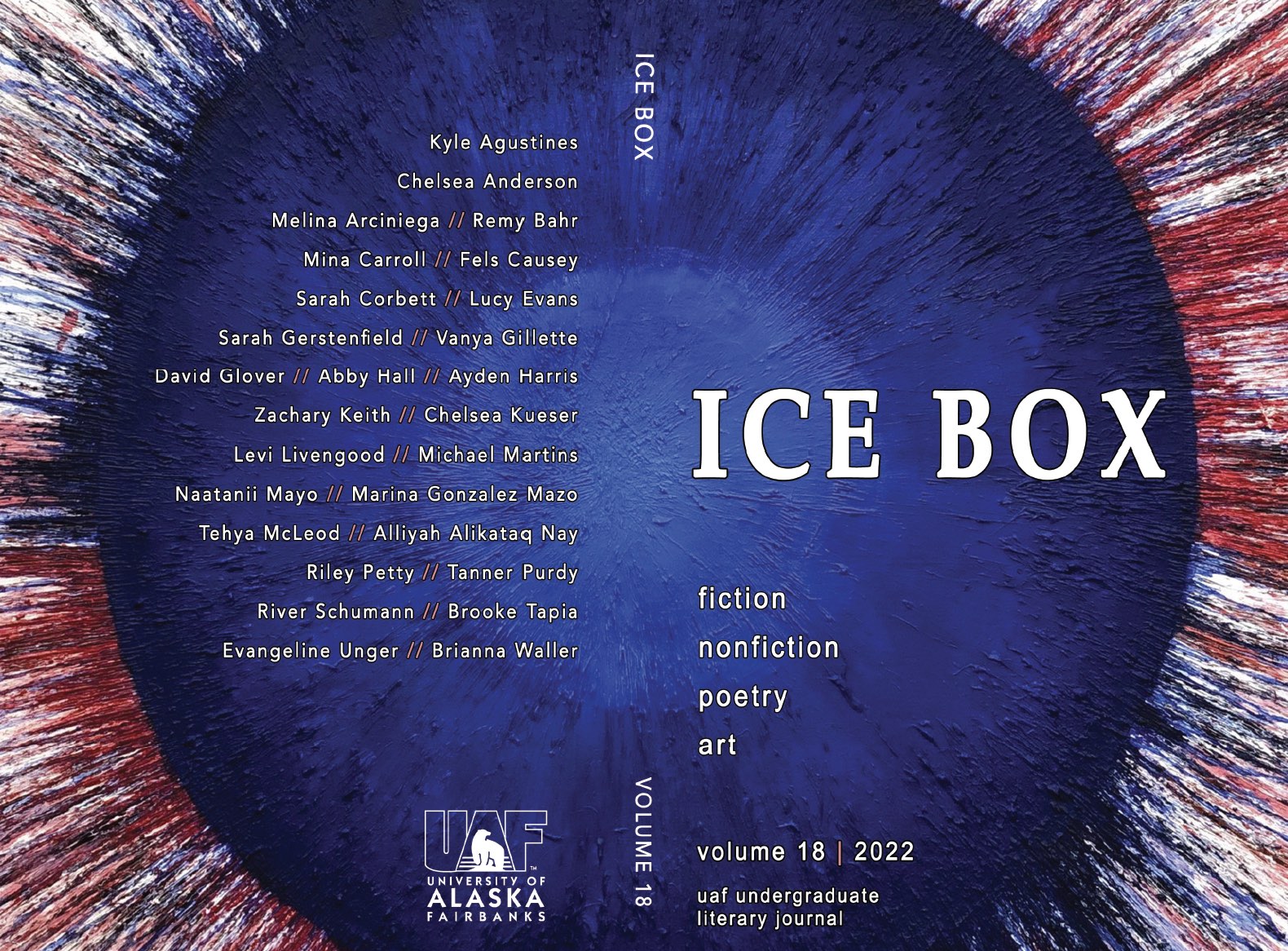 Cover art for Ice Box Issue #18. A large blue blob with red, blue, and white streaks emanating from it. The front cover says "Ice Box" in large text. The back cover lists all contributors.
