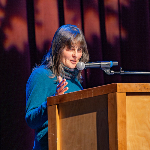 A reader at the Solstice Poetry Cycle event held January 2025 in the Lee Salisbury Theatre. UAF Photo by Leif Van Cise
