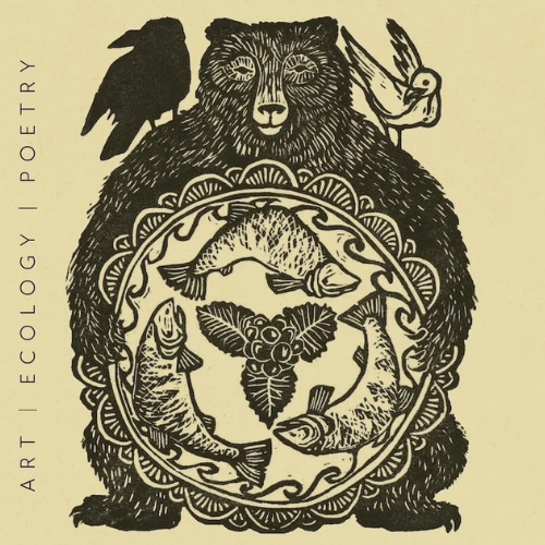 Black print of a bear with three salmon in his stomach and a bird on each shoulder. Partial cover of the Alaska Literary Field Guide.