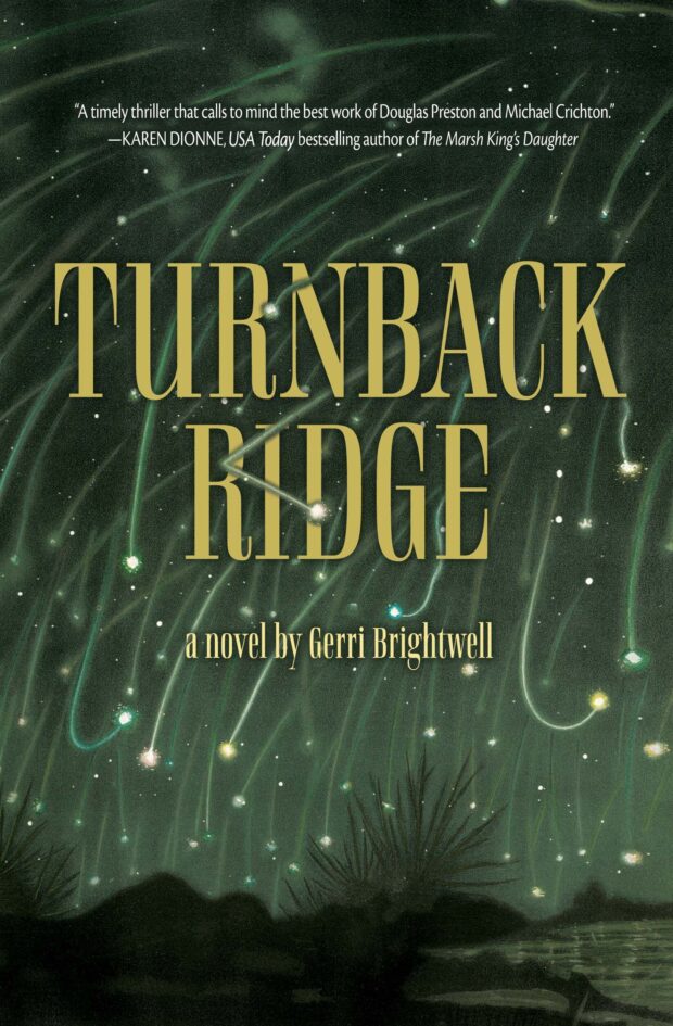 Cover art for Gerri Brightwell's Turnback Ridge. Stars swirling over an Alaskan sky.