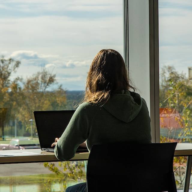 Student seated at a window desk with a laptop