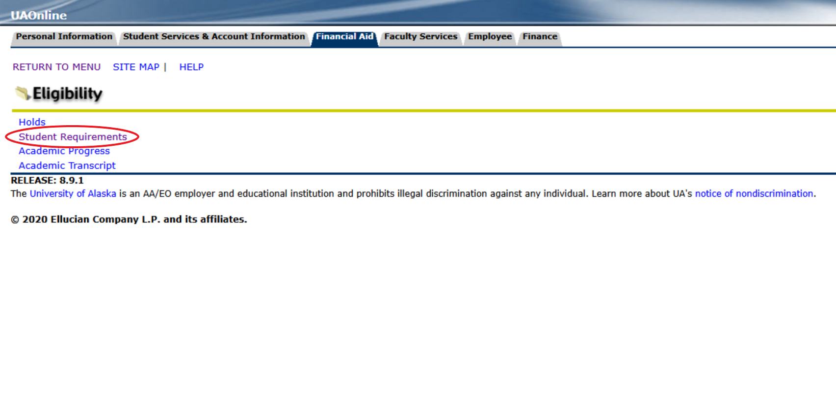 UAOnline Screenshot of Eligibility menu with the Student Requirements selection circled