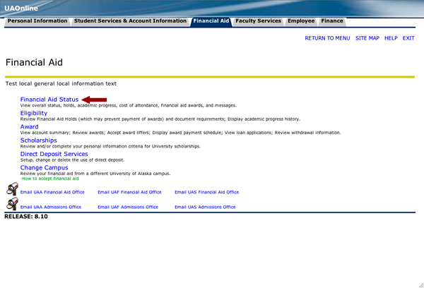 Screenshot of UAOnline Financial Aid page with an arrow pointing to Financial Aid Status menu button
