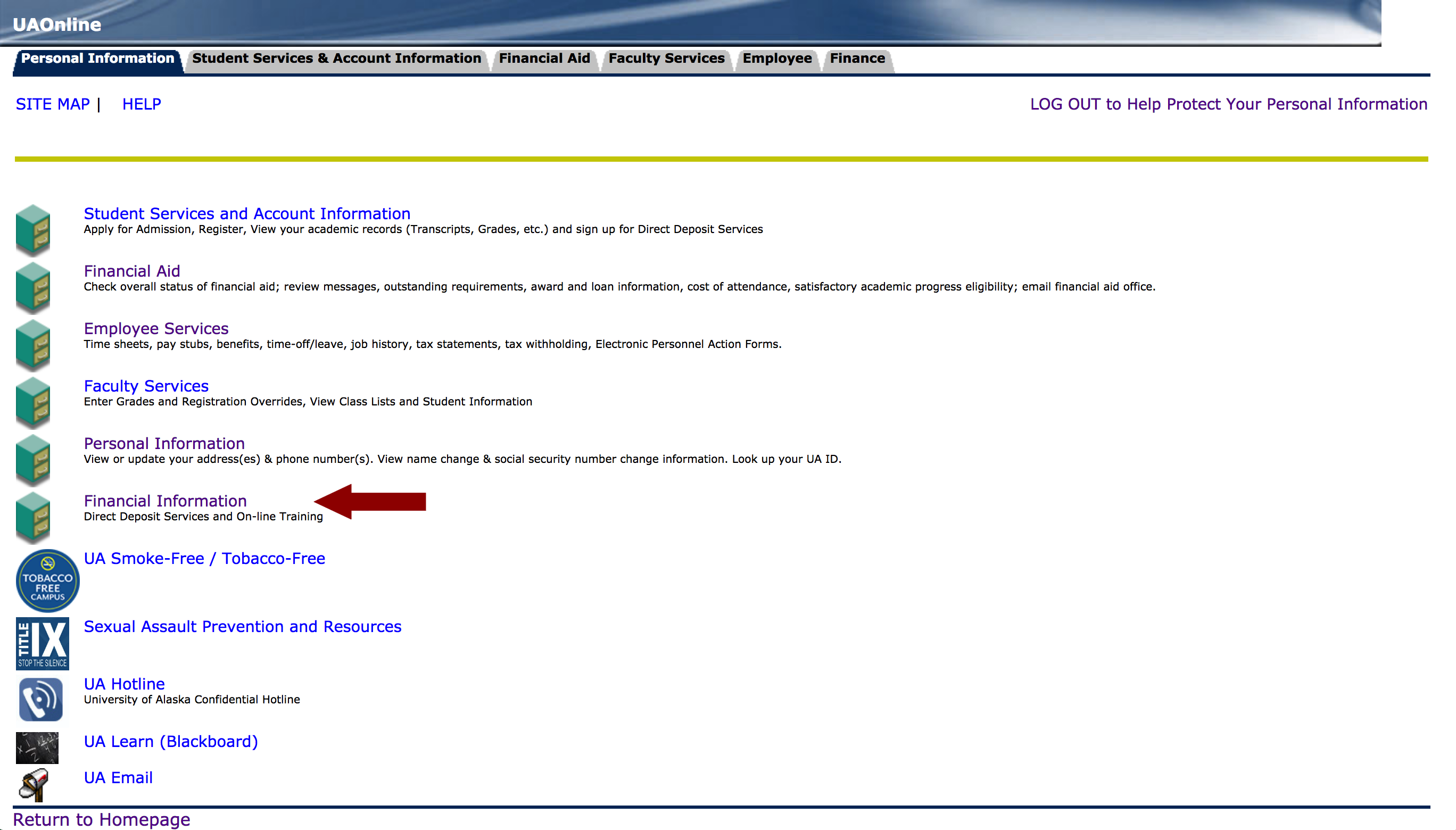 Screenshot of UAOnline Personal Information page with an arrow pointing to Financial Information menu button