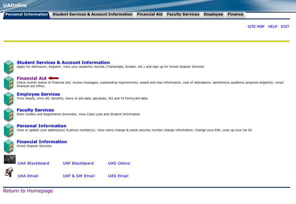 Screenshot of UAOnline Personal Information page with an arrow pointing to Financial Aid menu button