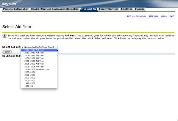 Screenshot of UAOnline Financial Aid Status page with an arrow pointing to academic year selection tool