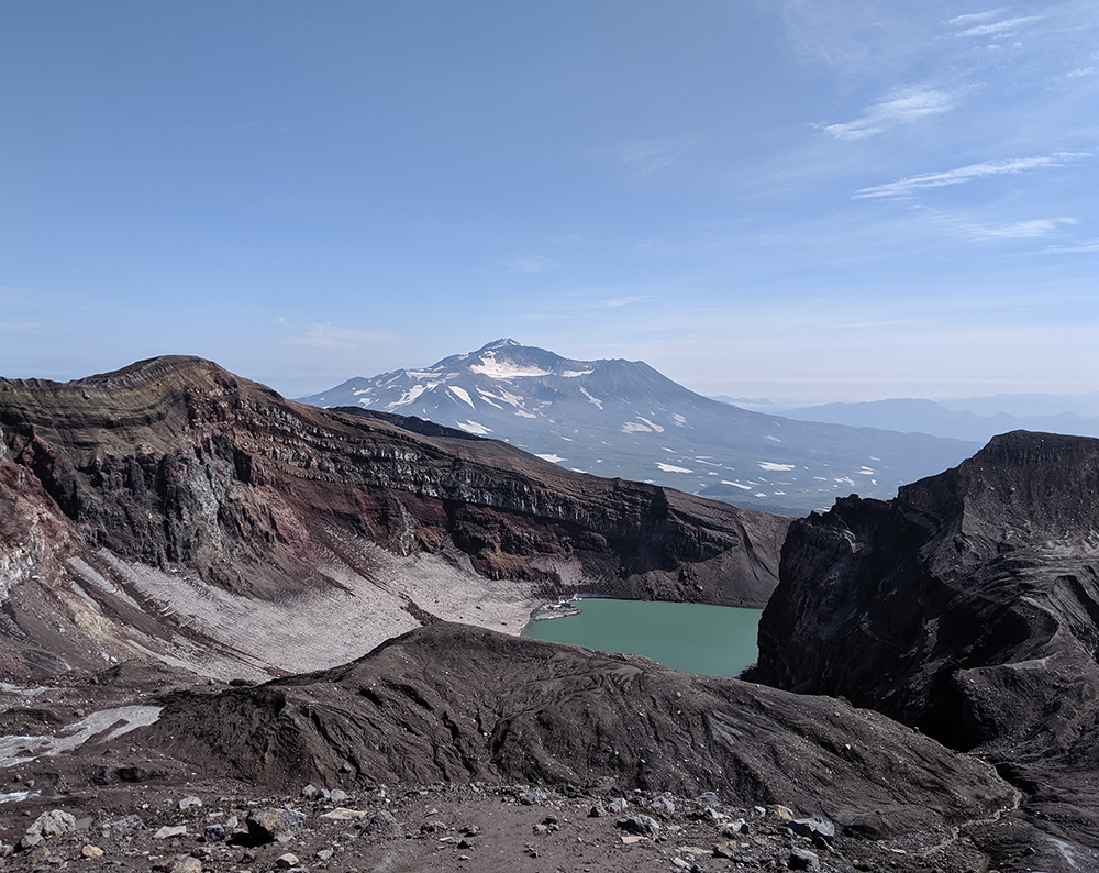  View to one of summit craters of Gorely Volcano with Mutnovsky at the background