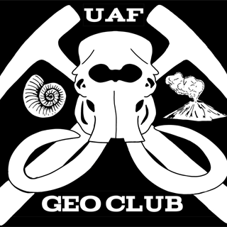 black and white silhouette images of two rock hammers a mammoth skull with tusks an ammonite and volcano
