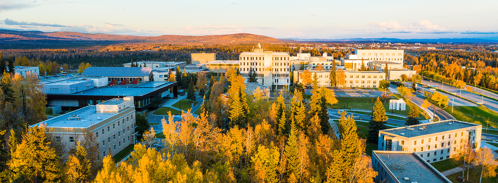 Aerial view of UAF Troth Yeddha campus in Fairbanks in autumn.