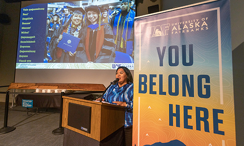 Tanya Kaquatosh emcees the UA Foundation Board of Directors Reception and Troth Yeddha' Indigenous Studies Center Initiative fundraising event at the University of Alaska Museum of the North Tuesday evening, September 13, 2022. UAF photo by Eric Engman.