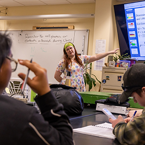 UAF School of Education student teacher Rose Vining teaches a chemistry class at Hutchison High School, April 2025. UAF photo by Eric Engman.