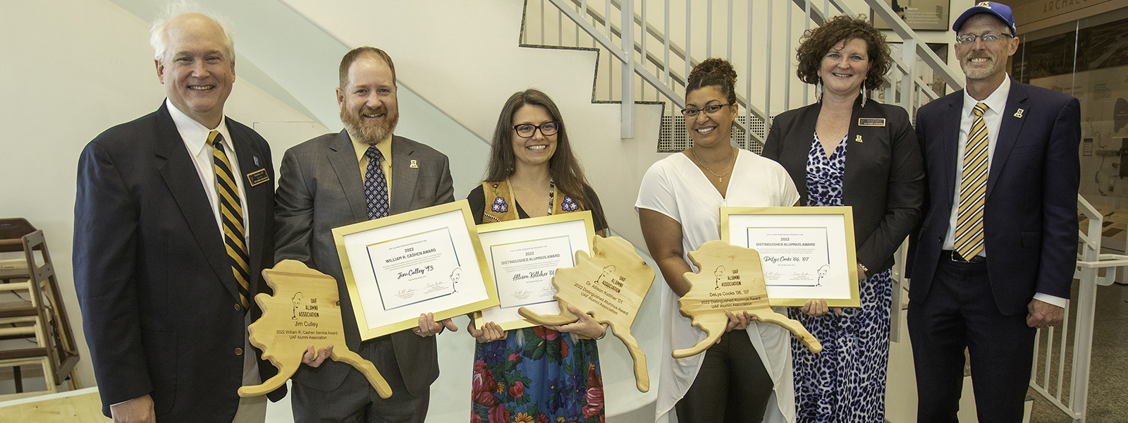 The UAF Alumni Association celebrated this year's awardees at the welcome event during the 2022 Nanook Rendezvous alumni reunion. See more information in the caption below.