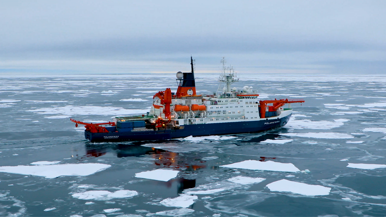 A research vessel sails through ice floes in the Arctic Ocean. Photo by Amy Lauren.