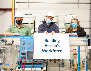 From left, assistant professor and process technology program advisor David Fonger, Matt Varga and UAF Community and Technical College Dean Michele Stalder visit the process technology facility in 2021.