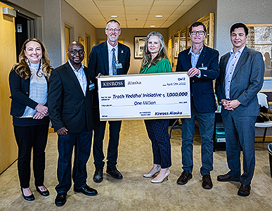 Donors pose after the announcement of a $1 million gift from Kinross to the Troth Yeddha' initiative on Tuesday, April 13, 2022, at the Doyon Building in Fairbanks.