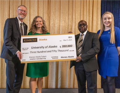 UAF Chancellor Dan White joins Anna Atchison, Terence Watungwa and Brenna Schaake, all with Kinross, at the Blue & Gold Celebration on Thursday, May 11, 2023