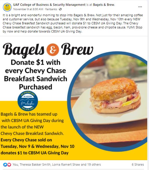 A screenshot of a social media post touts an offer from Bagels & Brew to donate to UAF when people purchase a certain sandwich.