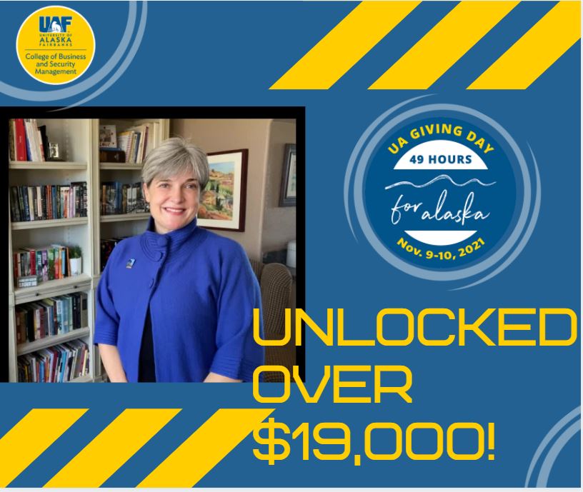 A photo of Lorna Shaw is set within a screen thanking her for unlocking over $19,000 in donations with a leadership challenge during UA Giving Day.