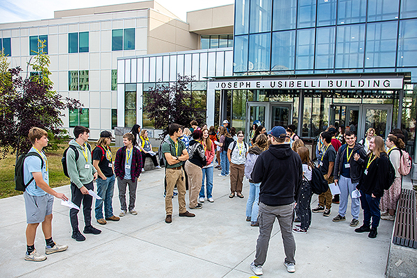 Incoming students with North Star College take a tour through the UAF Campus starting from the Joseph E. Usibelli building