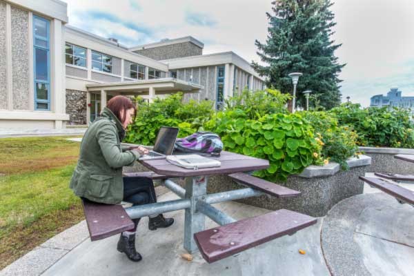 A UAF Ph.D. student sits with a laptop at a picnic table outside the Arctic Health Research Building