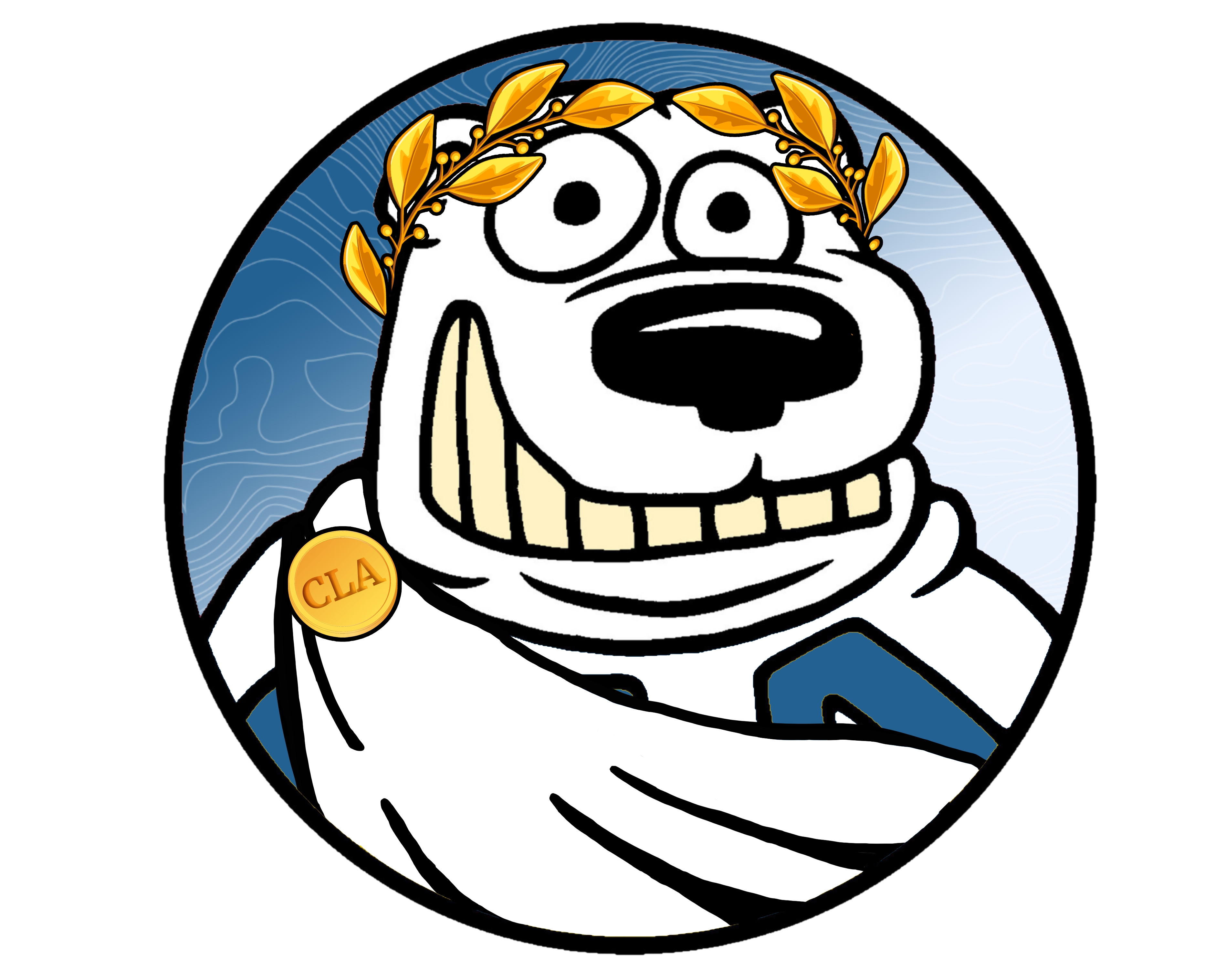 Jamie Bear, outstanding student edition, in a toga with a gold laurel wreath on his head