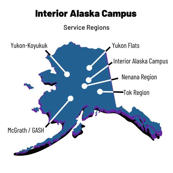 Image of a map of Alaska with IAC's five learning centers: Tok, Nenana, Yukon-Flats, Yukon-Koyukuk, and McGrath/GASH. 