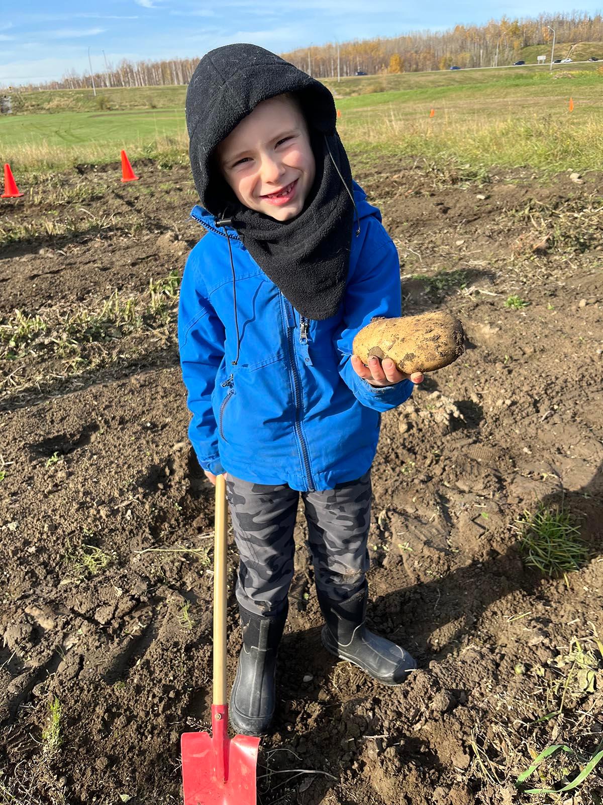 Boy in blue hoodie holding potato