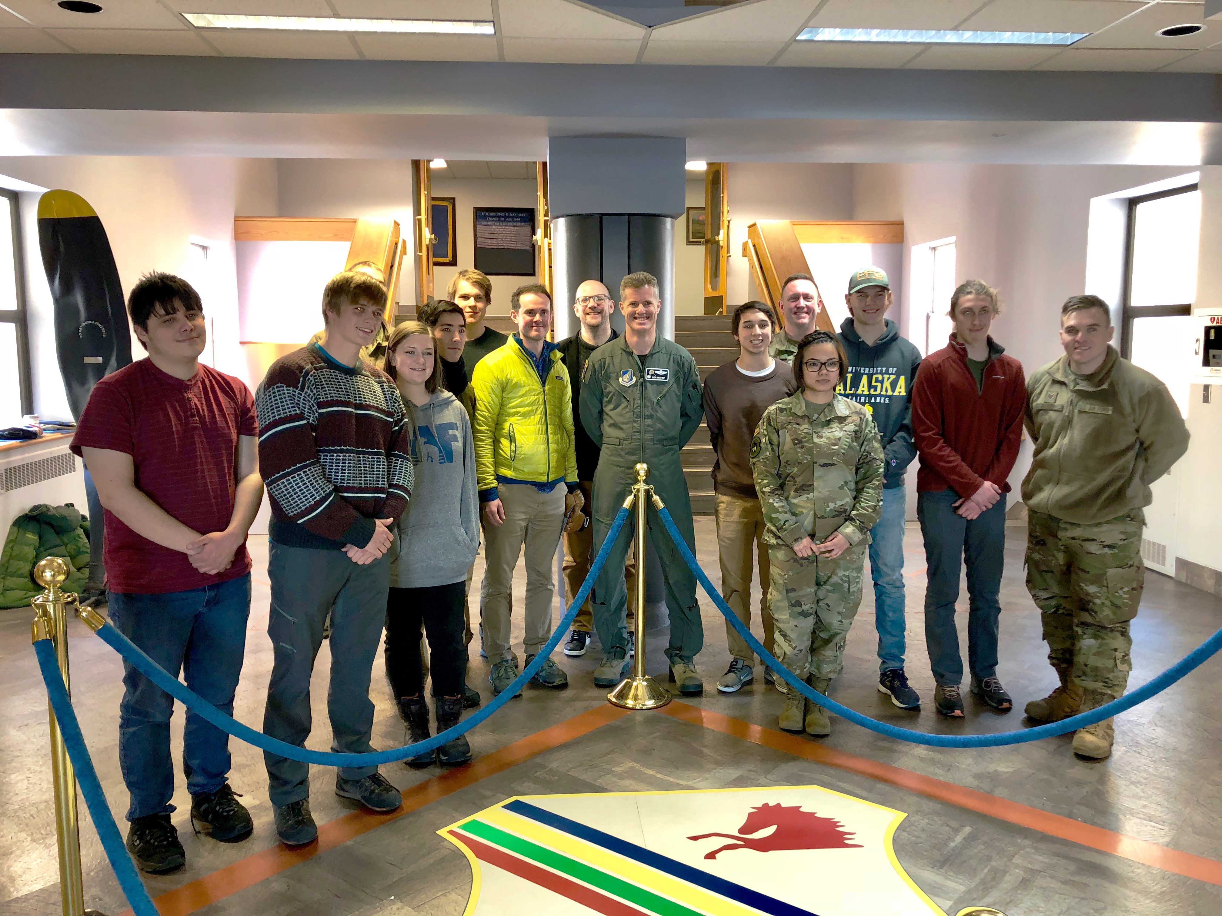 UAF Honors students along with Alex Hirsch and Peter Webley meet Col. Bishop and members of the Iceman Spark Innovation Cell at Eielson AFB on February 14, 2020. Photo courtesy of Peter Webley.