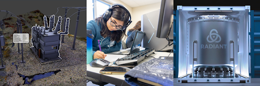 From left to right, a Kartorium software screenshot, courtesy of Kartiorium;  Melina Garcia takes notes, UAF photo by Eric Engman 2022; and a Blue Radiant concept image, courtesy of Blue Radiant.