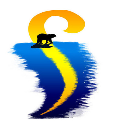 Sunstar logo - a silhouette of a polar bear again a sunset colored S walking on blue ice