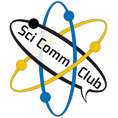 Logo reading Sci Comm Club inside a graphic of an atom