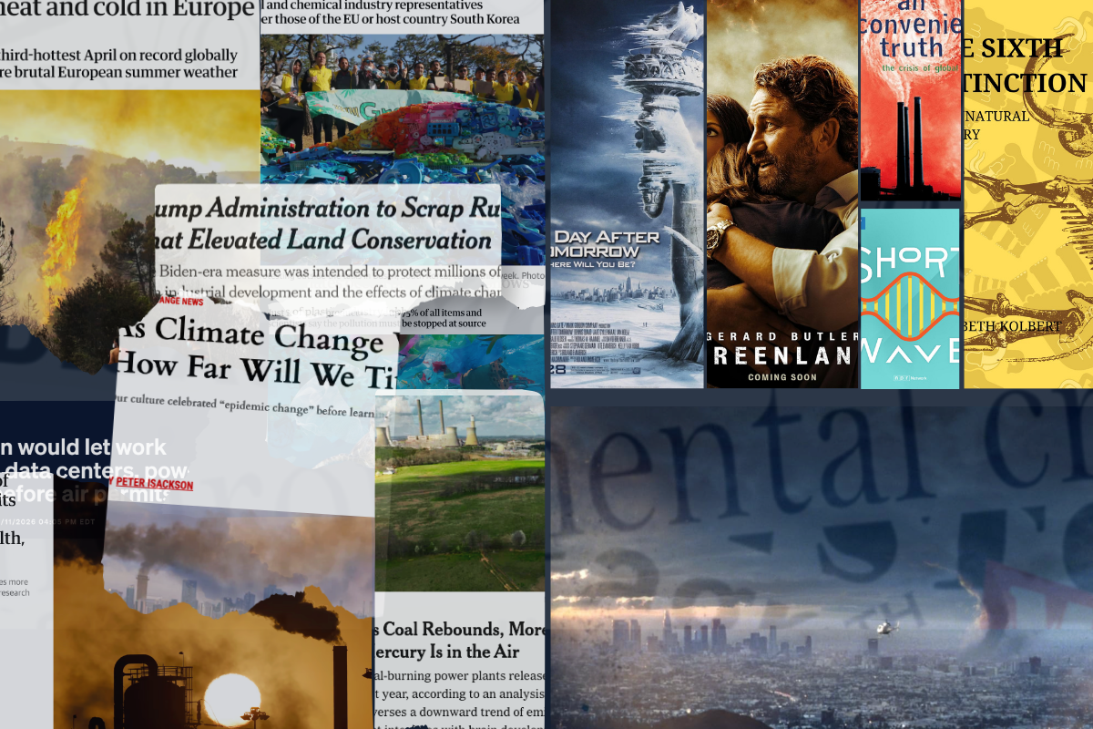 JOUR 205: Media and the Environment Collage of news articles, images, movie and podcast covers demonstrating the political and media reactions to climate change