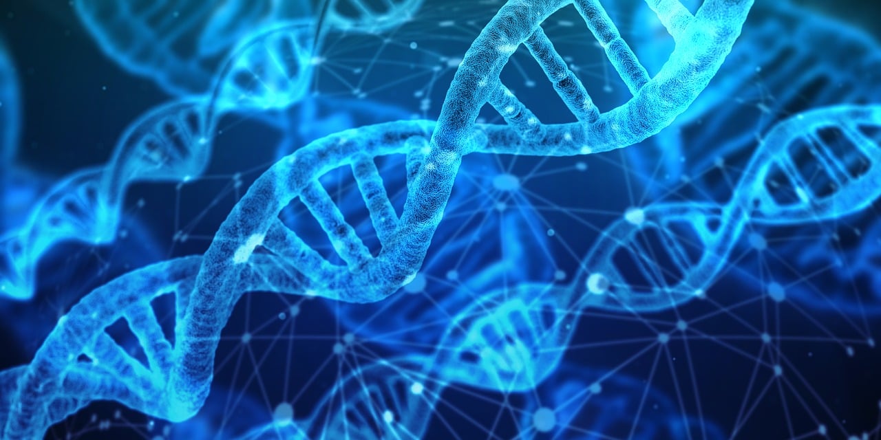 neon blue DNA double helix graphic