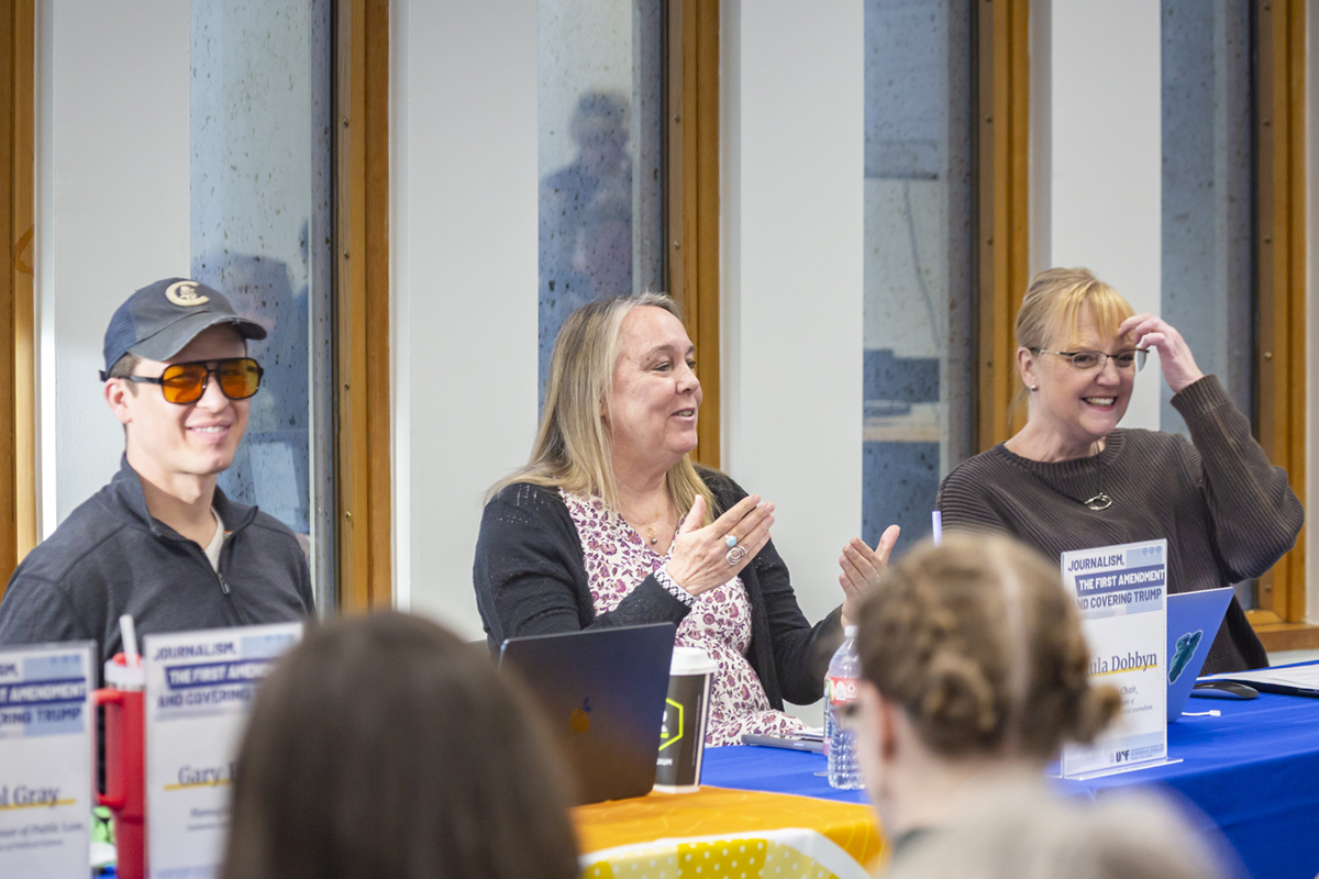 (L-R) Colin Warren, Paula Dobbyn, and Lynne Snifka speak at a panel on reporting during the Trump administration. UAF Photo by Sarah Manriquez