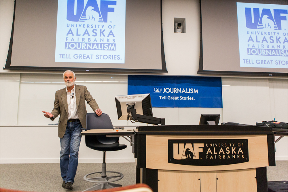 Snedden Chair Richard Murphy of the Journalism Department speaks about his winter project at the Murie Building. | UAF Photo by JR Ancheta