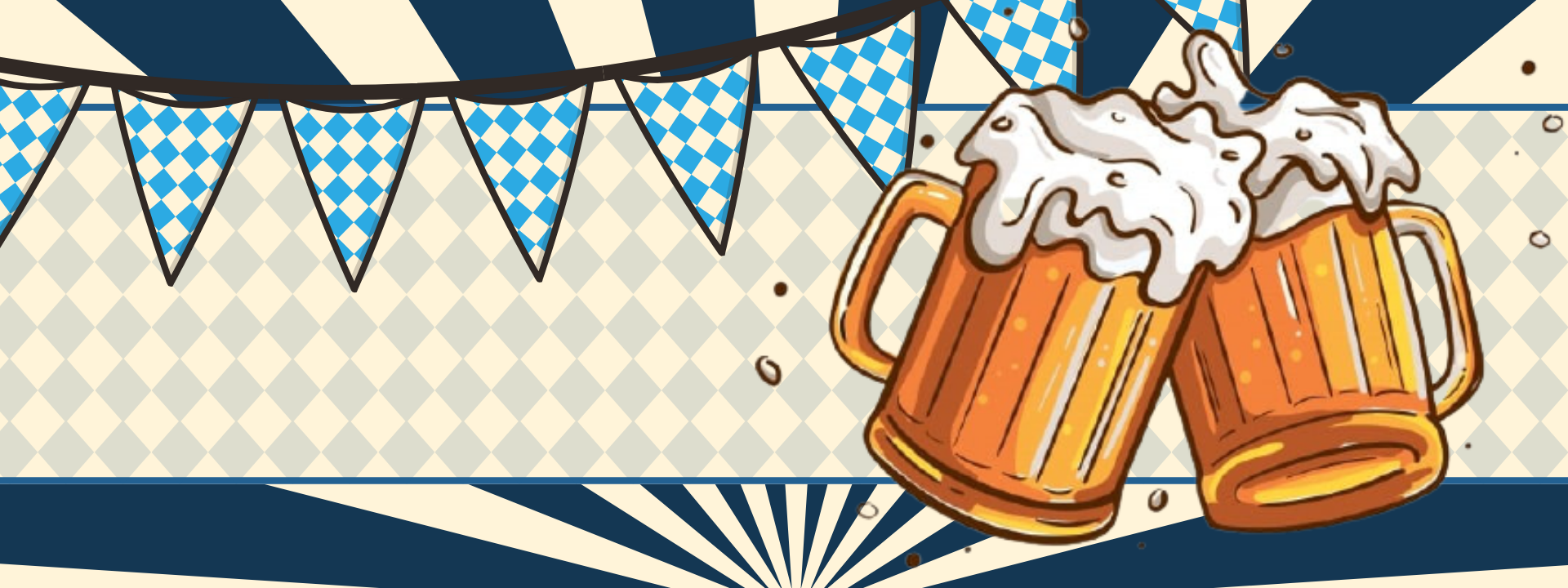 Graphic featuring bavarian flags and 2 mugs of beer.