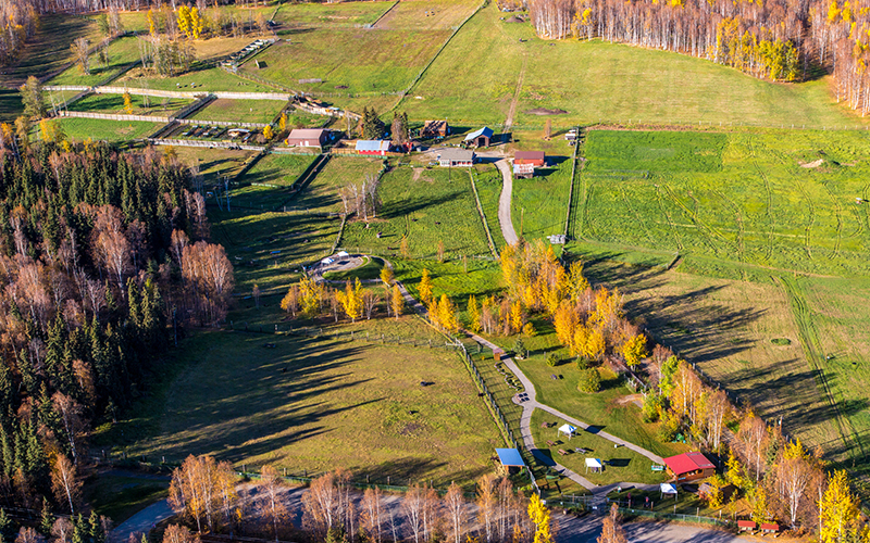 Aerial view of the pastures and pens at LARS