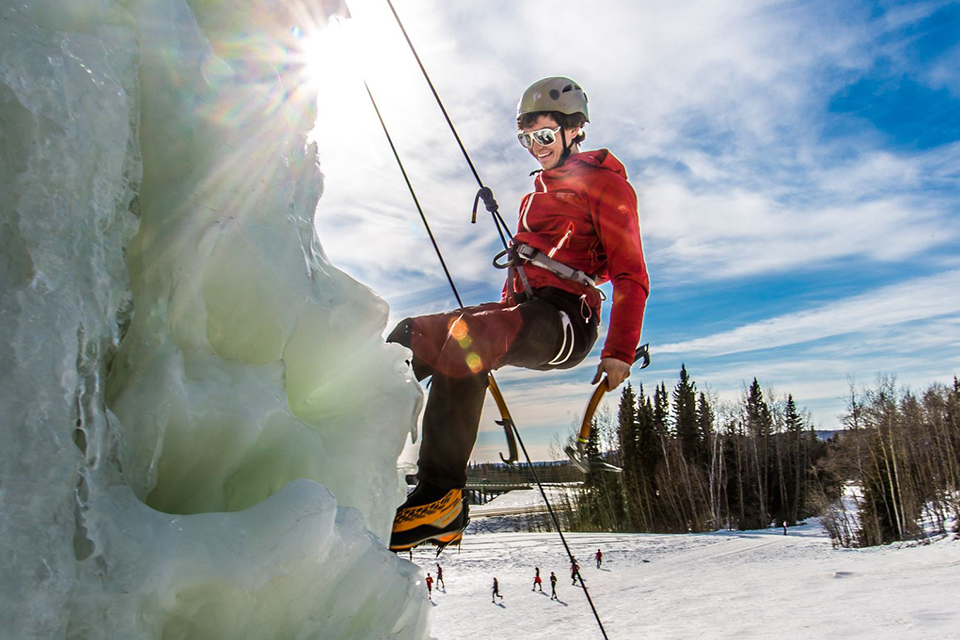Engineering major Ryan Kudo enjoys a late season climb up the UAF ice wall on April 4.