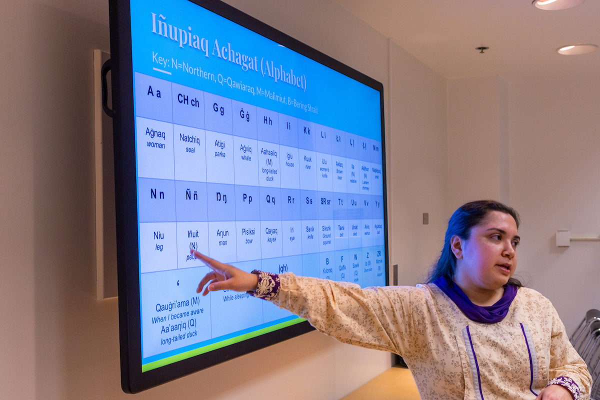 Chelsey Zibell goes over the Iñupiaq althabet while leading an Iñupiaq Language Workshop during the 50th annual Festival of Native Arts Friday, February 23, 2024. UAF Photo by Eric Engman