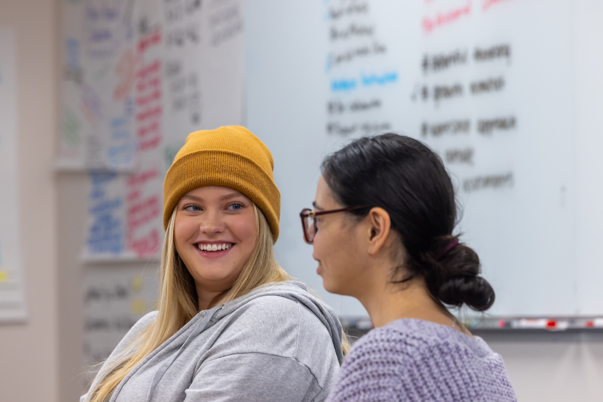School of Education instructor Michael Angaiak leads the ED 411 English Language Arts methods class in the Alaska Future Teacher Space classroom in the Gruening Building Monday morning, October 20, 2025. Pictured are (L-R) Gabrielle Falke, Grace Weyanna. UAF Photo by Eric Engman