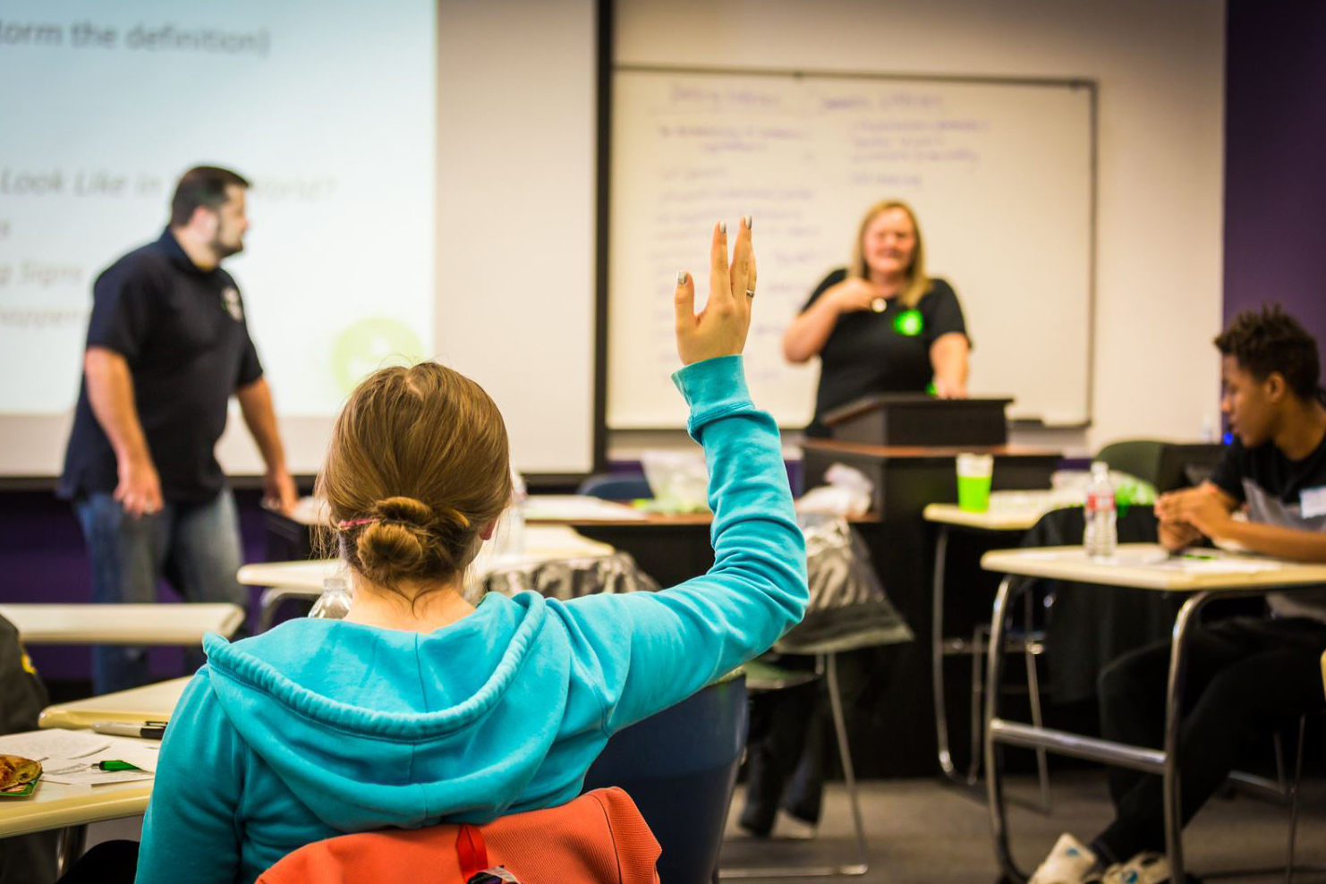 Police Chief Keith Mallard and Assistant Professor of Social Work Kim Swisher lead a session in UAF's Green Dot training program. The effort is part of nationwide program seeking to reduce violence and sexual abuse on college campuses.